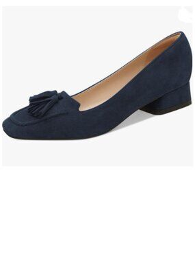 YDN Deep Blue Block Low Heel Loafer Square Toe Tassel Fringe Pump Slip On Shoes